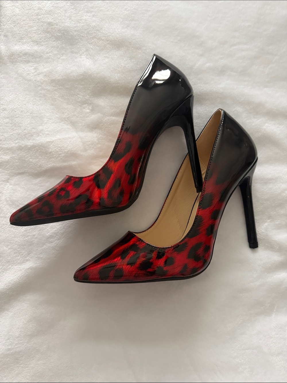 Red and Black Leopard Patent Stiletto Pumps - Women's High Heels